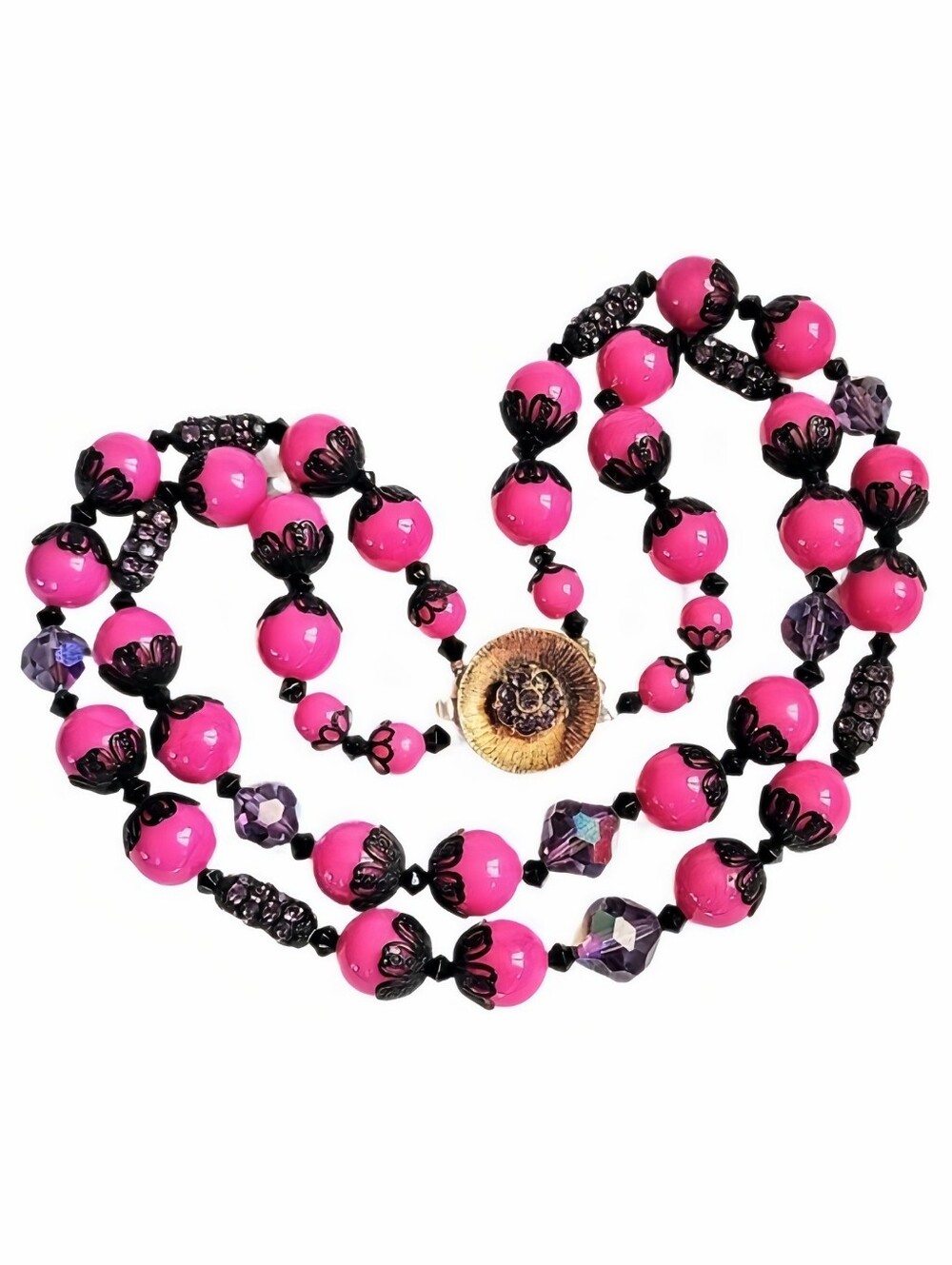 🖤 Vintage 2 Strand Fuchsia Pink Purple Black Crystal Rhinestone Necklace RARE
